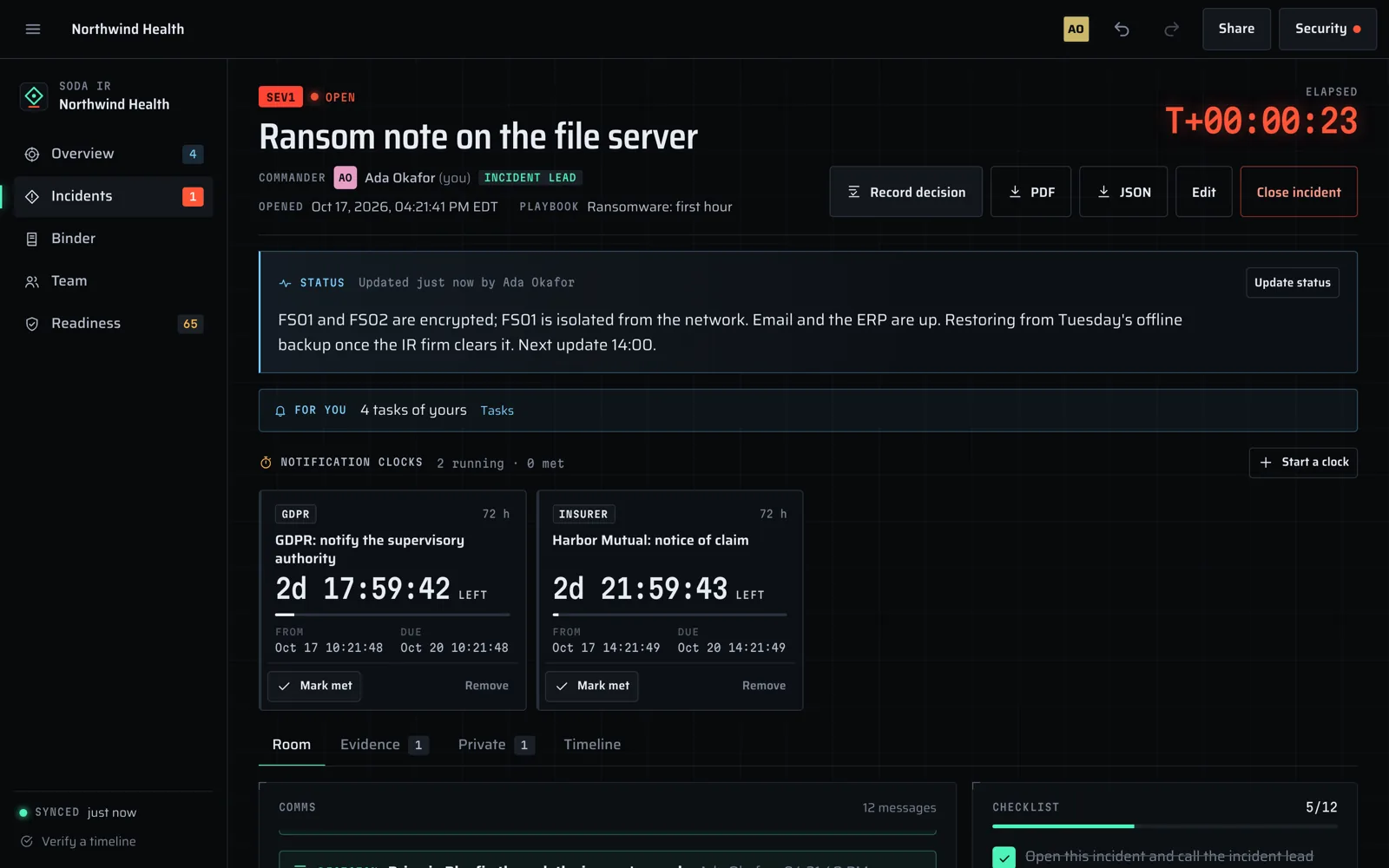 An incident room in Soda IR: a sev 1 ransomware incident with its status, two notification clocks counting down and the checklist